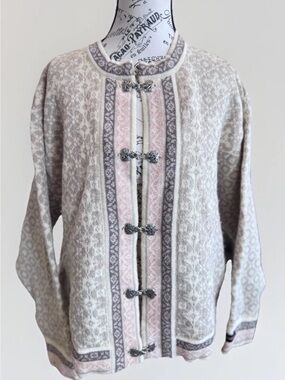 Skjaeveland Norway Sweater Wool Hook closures Beige Pink Chunky Jacket size L